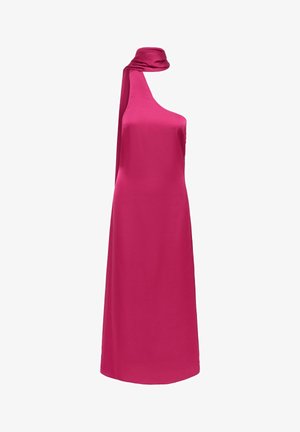 Robe de soirée en satin fuchsia à une épaule avec col montant et longue écharpe attachée sur l'épaule gauche, longueur au sol.