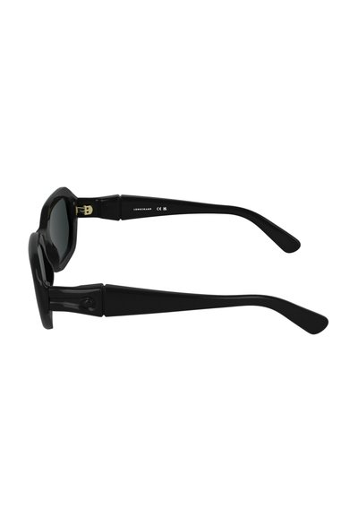 Black sunglasses with a glossy finish, hexagonal frames, and dark lenses. Features tapered arms and gold hardware accents.