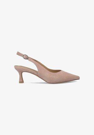 Béžové semišové lodičky na slingback s špičatou špičkou a 5 cm kitten podpatkem. Obsahují kulatou přezku na nastavitelném popruhu. Hladká textura.