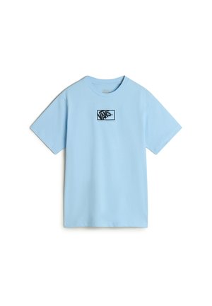 Himmelblaues Baumwoll-T-Shirt mit kurzen Ärmeln und Rundhalsausschnitt. Auf der Vorderseite befindet sich ein schwarzes Vans-Logo in rechteckigem Design.