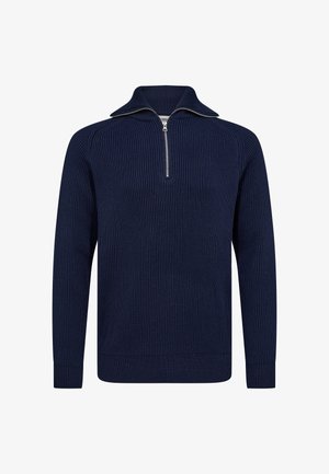 Marineblauer gerippter Pullover mit langen Ärmeln und einem Viertelreißverschluss-Kragen. Hergestellt aus strukturierter Baumwolle, ausgestattet mit kontrastierendem Reißverschluss und einem taillierten Saum.