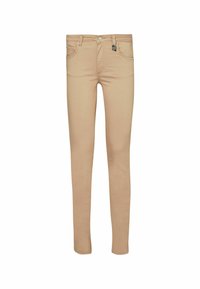 Jeans beige con un design aderente, realizzati in tessuto misto cotone, dotati di cinque tasche, chiusura frontale con bottone e cuciture leggere.