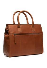 Borsa a tracolla in pelle marrone con doppio manico, forma rettangolare, tasca anteriore con zip e dettagli in cucitura verticale per un tocco in più.