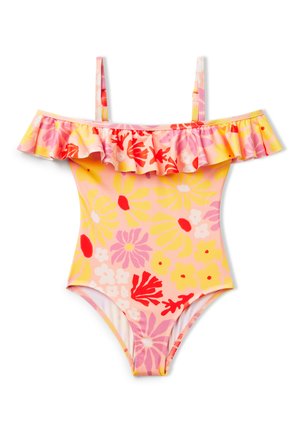 Costume intero con stampa floreale rosa, gialla e rossa, con volant sulle spalle scoperte e sottili spalline regolabili.