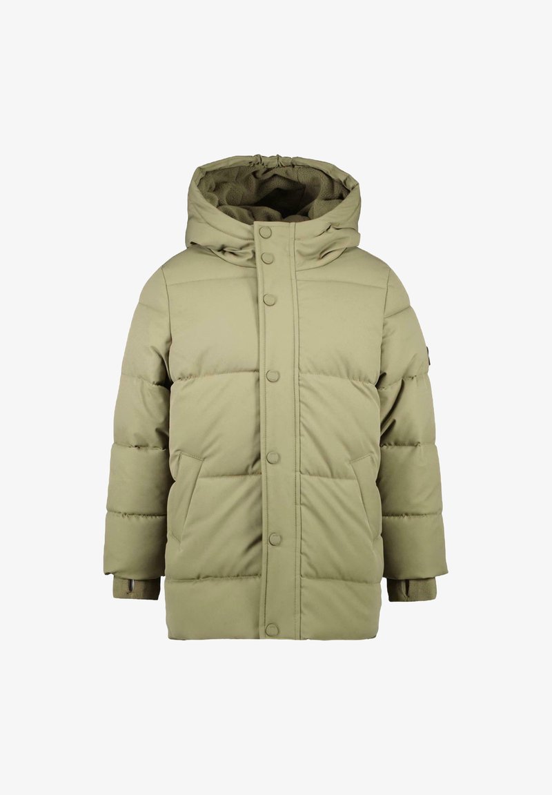 Khaki puffer jacket with padded design, hood, front snap closure, side pockets, and ribbed cuffs. Smooth fabric with a slightly shiny finish.