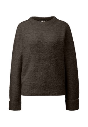 Dunkelbrauner Fleece-Pullover mit rundem Halsausschnitt, langen Ärmeln und gerippten Bündchen. Weiche Textur, leicht gekürztes Design ohne sichtbare Muster.