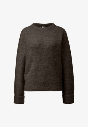 Ciemnobrązowy polarowy sweter z okrągłym dekoltem, długimi rękawami i ściągaczami na mankietach. Miękka faktura, lekko przycięty fason bez widocznych wzorów.