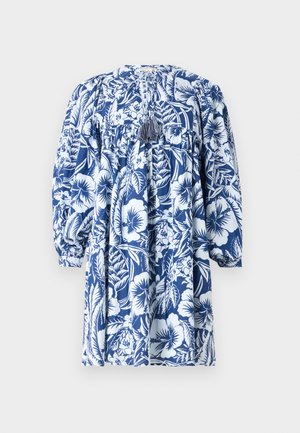 Mėlyna gėlių suknelė su balta gėlių raštu, ilgomis pūstomis rankovėmis ir surinkta liemenėle su užtraukiama detalė nugaroje.