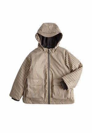 Børnejakke med hætte med lodrette beige og sorte striber, lynlås foran, to forlommer og sort inderfor på ærmer og hætte.