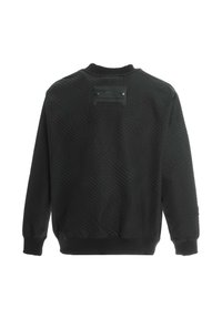 Sudadera negra con textura acolchada, puños y dobladillo acanalados, y una etiqueta rectangular negra en la parte posterior con dos botones.