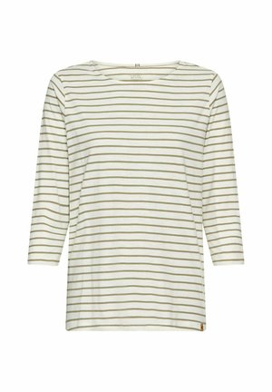 Striped long-sleeve top in cream with olive green stripes, featuring a round neckline and soft, lightweight fabric.