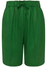 Shorts verdi in lino con vita elastica e chiusura a fiocco. Presentano pieghe e tasche laterali, una texture liscia e un design lungo fino al ginocchio.