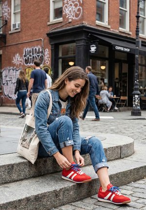 Mujer con chaqueta de mezclilla y jeans atándose unas zapatillas rojas mientras está sentada en unos escalones de piedra cerca de una cafetería, con peatones y grafitis al fondo.