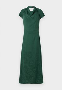 Green dress made of smooth fabric, featuring a cowl neckline, cap sleeves, and a straight silhouette with subtle patterns.