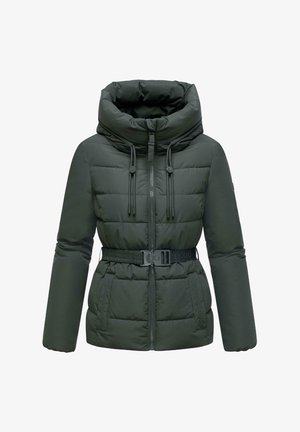 Tume roheline polsterdatud jakk kõrge kaelusega, ees lukuga, reguleeritavad nöörid, pandla ja küljetaskutega.