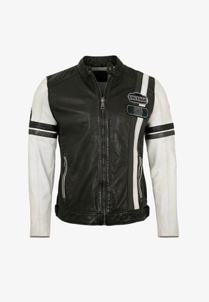Schwarz-weiße Lederjacke mit Frontreißverschluss, Reißverschlusstaschen, gestreiften Ärmeln und den Aufnähern „Vintage“ und „First Class“ auf der Brust.
