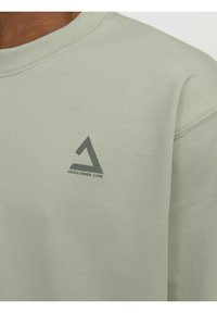 Lys grøn bomulds sweatshirt med rund halsudskæring, ribbede manchetter og et grått trekantet logo med tekst på venstre bryst.