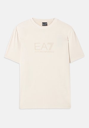 Cream-colored cotton t-shirt with a round neck and short sleeves featuring an embossed EA7 logo on the front.