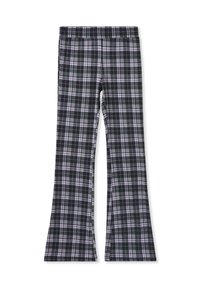 Czarno-fioletowe legginsy w kratę o dopasowanym kroju, z rozszerzającymi się u dołu nogawkami i gładkim pasem w talii. Posiadają wzór w kratkę na całej powierzchni.