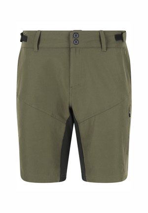 Olivgrüne Shorts mit schwarzen Innenbein-Einsätzen, Doppelknopfverschluss, Gürtelschlaufen und seitlicher Reißverschlusstasche.