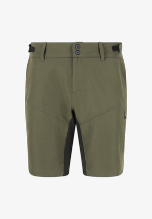 Olivengrønne shorts med sorte indvendige lårpaneler, dobbelt knaplukning, bæltestropper og lynlåslomme i siden.