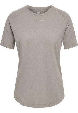 Beige katoenen T-shirt met korte mouwen, ronde hals en subtiel merklogo op de borst.