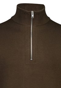 Brauner Rollkragenpullover aus geripptem Strickstoff, mit einem halben Reißverschluss vorne und einem glatten Material.