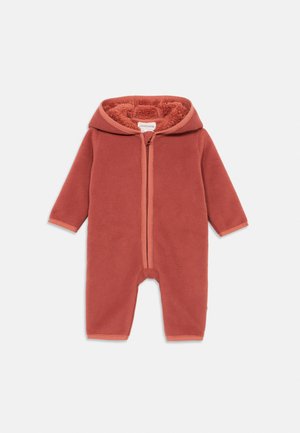 Combinaison en polaire douce couleur rouille pour bébé, avec capuche, manches longues, fermeture éclair avant et doublure en peluche pour la chaleur.