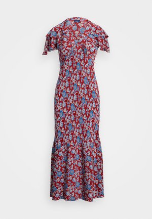 Rotes Blumenkleid mit blauen Blumenmustern, kurzen Rüschensäumen, tailliertem Oberteil und schwingendem Saum, aus leichtem Stoff gefertigt.