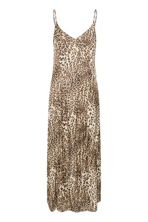 Robe maxi à imprimé léopard avec fines bretelles, décolleté en V, tissu fluide et texture douce dans des tons beiges et bruns.