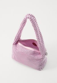 Pink sequined handbag with a rounded shape, zipper closure, and a textured strap made of shiny metallic beads. Interior is lined in solid pink.