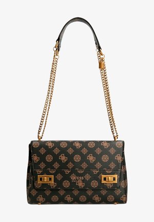 Sac à main vert à motifs avec quincaillerie dorée, doté d'une bandoulière en chaîne et d'un rabat avant. Logo et motifs décoratifs en brun clair.