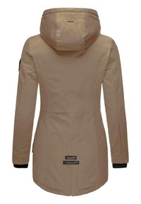 Beige hooded jacket with a fitted design, textured fabric, ribbed cuffs, and two accent patches near the hem and side.