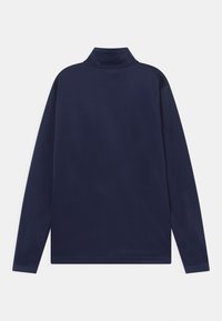 Marinefarbener Langarmoberteil mit hohem Kragen, aus glattem Stoff. Einfaches Design ohne sichtbare Muster oder Dekorationen.