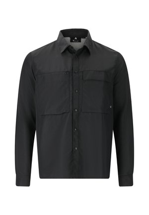 Sort langærmet skjorte med knaplukning fortil, to brystlommer, en lynlås-lomme og en struktureret krave. Glat, letvægtsstof.