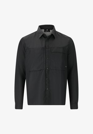 Sort langærmet skjorte med knaplukning fortil, to brystlommer, en lynlås-lomme og en struktureret krave. Glat, letvægtsstof.