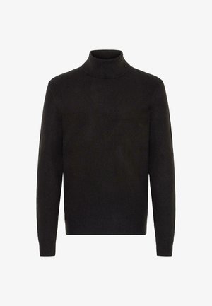 Pull à col roulé noir en tissu doux et lisse. Il possède des manches longues et un design ajusté pour une silhouette épurée.