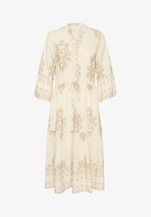 Krémové šaty s květinovým vzorem v světle béžové, s knoflíkovým zapínáním vpředu, 3/4 rukávy, elastickým pasem a designem vrstvené sukně.