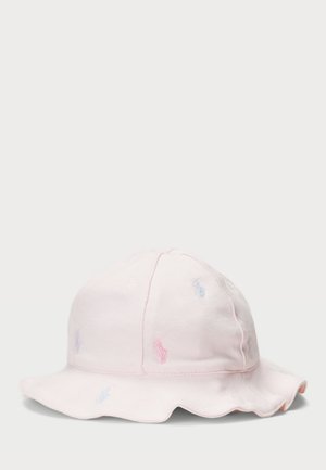 Roze katoenen bucket hat met een gerimpelde rand, voorzien van geborduurde polo logo's in pastelkleuren. Zachte textuur met een ronde vorm.