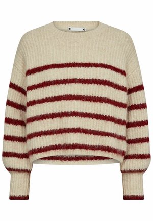 Beige striped sweater with red horizontal lines. Features a ribbed texture, a round neckline, and fitted sleeves. Includes snap button detailing.
