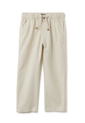 Beige Baumwollhosen mit einem elastischen Bund und Kordelzug. Zwei Seitentaschen und ein gerader Schnitt. Glatte Textur, minimale Details.