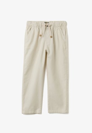 Beige katoenen broek met een elastische tailleband en trekkoord. Twee zijzakken en een rechte pijpdesign. Glad textuur, minimale details.