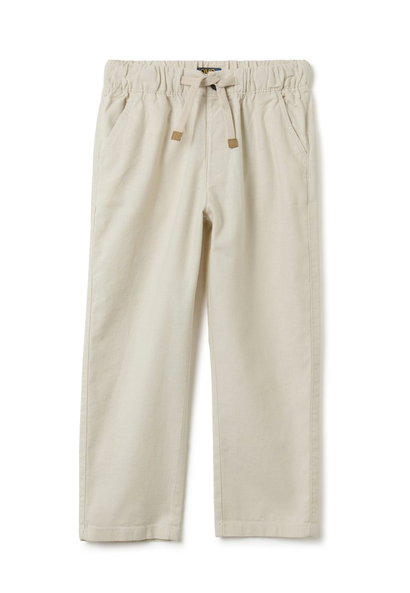 Beige katoenen broek met een elastische tailleband en trekkoord. Twee zijzakken en een rechte pijpdesign. Glad textuur, minimale details.