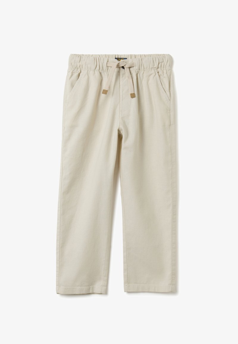 Beige katoenen broek met een elastische tailleband en trekkoord. Twee zijzakken en een rechte pijpdesign. Glad textuur, minimale details.