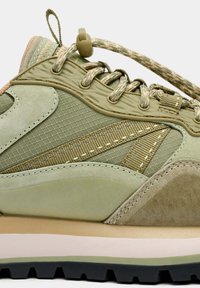 Zapato de senderismo verde que combina materiales de malla y ante, con detalles texturizados y una suela redondeada en colores contrastantes de varios tonos.