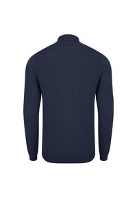 Granatowy sweter z dzianiny, z długimi rękawami, prążkowanym kołnierzem i wykończeniem, gładka struktura, prosty wzór, bez widocznych logo lub wzorów.