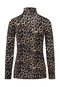 Langärmliges Top mit Stehkragen im Leopardenmuster. Aus weichem Stoff mit glatter Textur, hauptsächlich in Beige- und Schwarztönen.