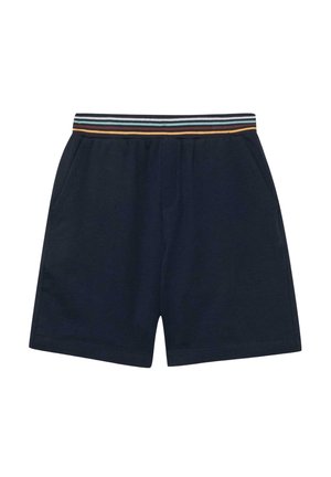 Granatowe casualowe szorty z paskiem w paski w kolorach białym, niebieskim, pomarańczowym i żółtym, wyposażone w boczne kieszenie i prosty dół.