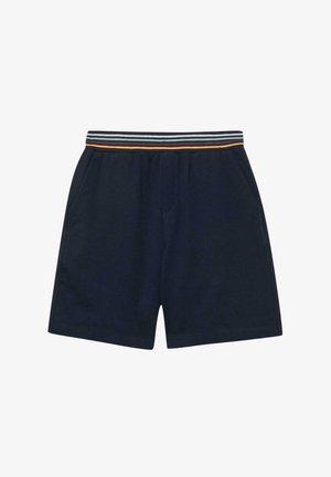 Granatowe casualowe szorty z paskiem w paski w kolorach białym, niebieskim, pomarańczowym i żółtym, wyposażone w boczne kieszenie i prosty dół.
