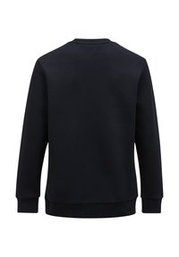 Melnā krekla ar apaļu kakla izgriezumu, garām piedurknēm un ribotiem aproču galiem. Izgatavots no viendabīga, teksturēta auduma bez redzamām rakstu vai akcentu detaļām.